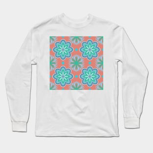 Vintage blue flower pattern on peach background Long Sleeve T-Shirt